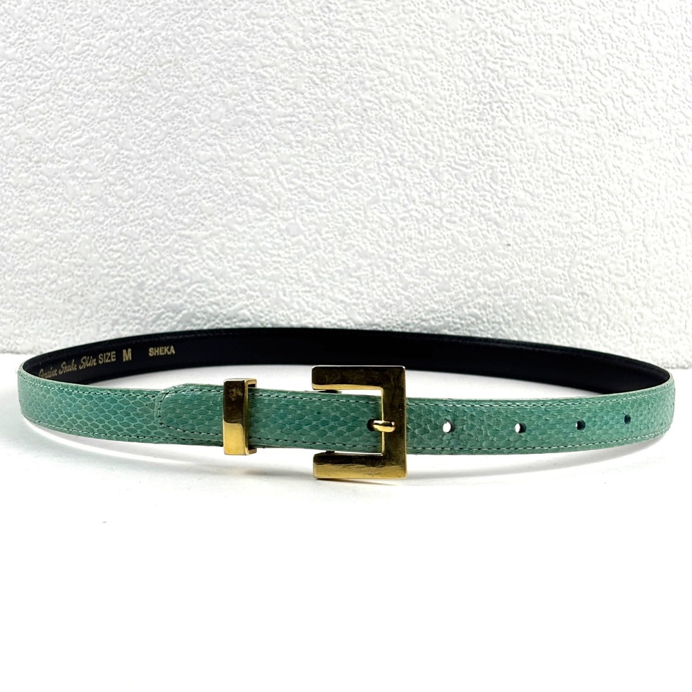 Genuine Snakeskin Belt Womens Medium 27-31 Inch Green Gold Buckle Skinny Exotic